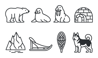 Arctic outline icons: polar bear, seals, walrus, igloo, mountain, sled, snowshoe, dog