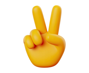 A yellow hand making a peace sign with two fingers extended on a black background