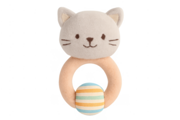 Soft cat head baby rattle with striped ball