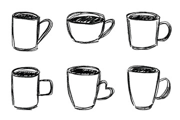 Set of cute hand drawn cup of tea or coffee Simple mug clipart Cozy home doodle Single element for design