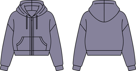 Muted purple cropped hoodie front and back view, drawstring hood zipper kangaroo pocket flat vector fashion sketch for garment design or apparel catalog template