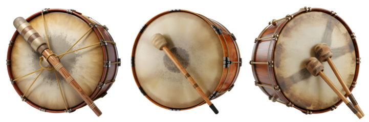 Three views of a traditional bass drum with mallets isolated on transparent background