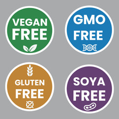 Vegan, Non-GMO, Gluten-Free, Soy-Free Icons Set for Product Labels and Packaging