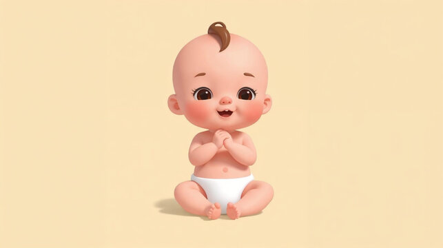 cute red-cheeked baby wearing white Pampers sitting and smiling cutely