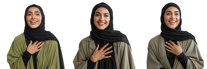 Woman in hijab showing gratitude isolated on transparent background