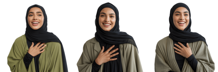 Woman in hijab showing gratitude isolated on transparent background