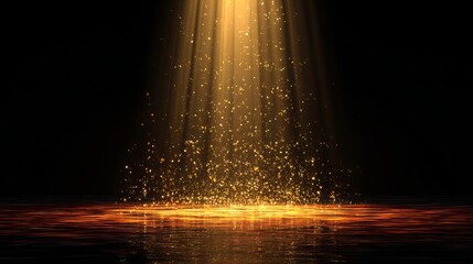Golden spotlight on reflective stage with sparkling rising star particles in dark theatrical scene, luxury event theme.