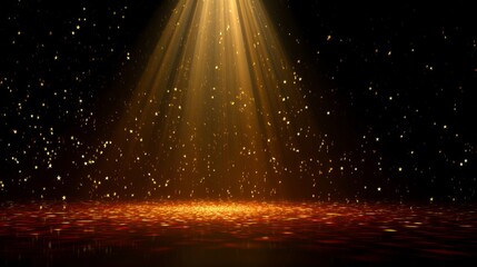 Golden spotlight on reflective stage with sparkling rising star particles in dark theatrical scene, luxury event theme.