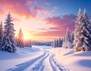 Snowy forest road at sunset, framed by frosted evergreen trees
