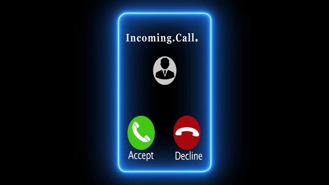 Neon Incoming Calling animation in mobile phone, call animated accept or decline option, incoming call in mobile phone display with alpha channel. Neon call icon voice animation on black ...