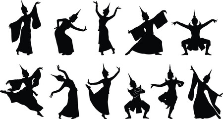 Silhouettes of traditional Southeast Asian dancers in elaborate costumes and headdresses, performing classical cultural dances, illustrating art and heritage.