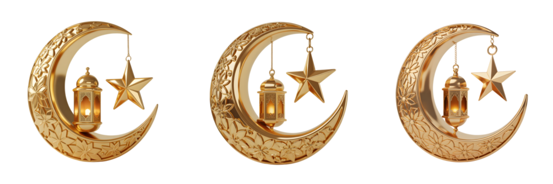 Golden crescent moon with lantern and star isolated on transparent background
