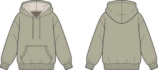 Light olive green hooded sweatshirt front and back view, drawstring kangaroo pocket flat vector fashion sketch for garment design or apparel catalog template