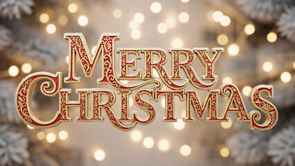 Merry Christmas text with gilded ornate letters and snowy decor. Holiday greeting card design. Festive seasonal celebration concept.