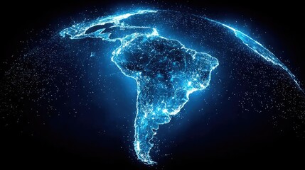 Obraz premium Earth at night showcasing lights of South America concept. Bright digital representation of South America with glowing details.