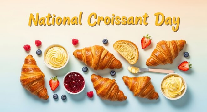 National croissant day celebration with freshly baked croissants, berries, and butter