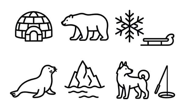 Winter icons: igloo, polar bear, snowflake, sled, seal, mountains, dog, fishing hole
