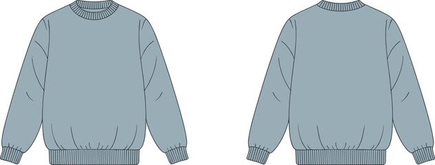 Light blue crewneck sweatshirt front and back view, ribbed neckline cuffs hem, flat vector fashion sketch for apparel design or garment catalog template