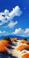 Watercolor Painting of Landscape with Blue Sky, White Clouds, Mountains, and Orange Grass on a Hillside Path, Serene Nature Scene