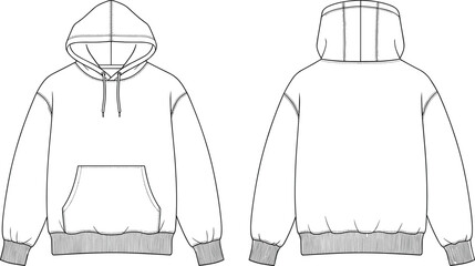 Hooded sweatshirt front and back flat sketch, kangaroo pocket drawstring hood ribbed cuff hem detail, cad drawing flat vector illustration fashion template