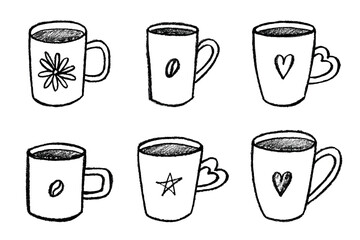 Set of cute hand drawn cup of tea or coffee Simple mug clipart Cozy home doodle Single element for design