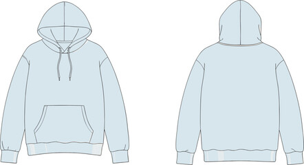 Hooded sweatshirt front and back flat sketch, kangaroo pocket drawstring hood ribbed cuff hem seam detail, cad drawing flat vector illustration template