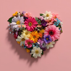A vibrant heart-shaped arrangement of colorful blossoms on a soft pink background, creating a cheerful and romantic floral design full of texture and detail.