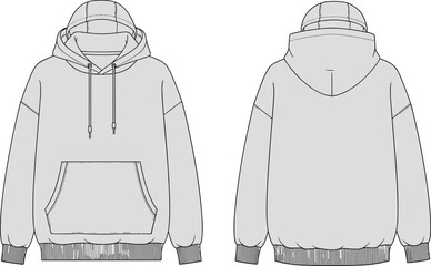 Hooded sweatshirt front and back flat sketch, dropped shoulder kangaroo pocket drawstring hood ribbed cuff hem horizontal back seam, cad drawing vector template