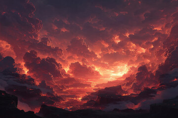 Dramatic Landscape of Fiery Clouds and Molten Terrain: Abstract Fantasy World with Intense Red and Orange Hues, Evoking Power, Destruction, and the Apocalypse