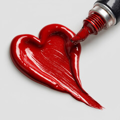 A vivid red heart painted with thick glossy paint flows from a tube, creating a bold, expressive symbol of love on a clean white background.