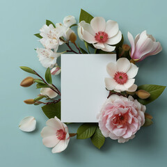 A blank white card framed by elegant blooming flowers on a soft blue background, creating a delicate and stylish layout perfect for invitations or greetings.