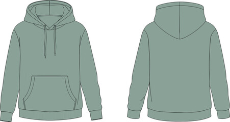 Hooded sweatshirt front and back flat sketch, drawstring hood kangaroo pocket ribbed cuff hem detail, cad drawing flat vector illustration template