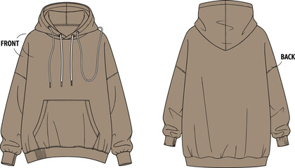 Hooded sweatshirt front and back flat sketch, drawstring hood kangaroo pocket ribbed cuff hem relaxed fit detail, cad drawing flat vector illustration