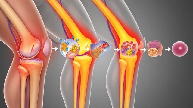 Anatomical diagram of a knee, depicting cellular changes in a sequence. Knee bone, skin, and cells