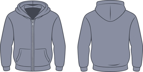 Gray zip-up hoodie front and back view, drawstring hood with pockets and ribbed trim, flat vector fashion sketch for garment design or apparel catalog template