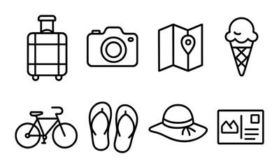 Travel icons: camera, map, ice cream, luggage, bicycle, flip flops, hat, postcard