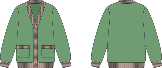 Green cardigan sweater with brown ribbed trim, front and back view, flat vector fashion sketch for garment design or apparel catalog template