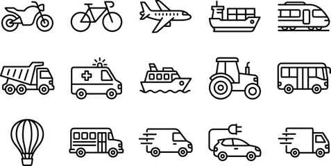 Transportation and Vehicle line icons set, Delivery, Cargo, Public Transport, Motorcycle, Train, Ship, Bicycle, and Emergency Car vector collection