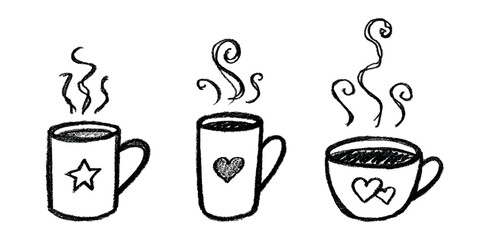 Set of cup of tea or coffee with rising steam Simple mug clipart Cozy home doodle Single element for print, web, design, decor