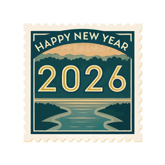 Retro Happy New Year 2026 Postage Stamp Greeting Card Design with Rustic Landscape Art