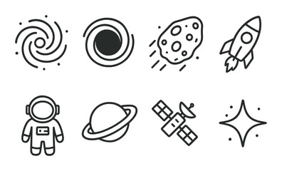 Obraz premium Space icons set: galaxy, black hole, asteroid, rocket, astronaut, planet, satellite, star