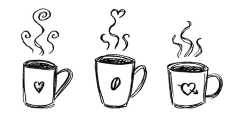 Set of cup of tea or coffee with rising steam Simple mug clipart Cozy home doodle Single element for print, web, design, decor