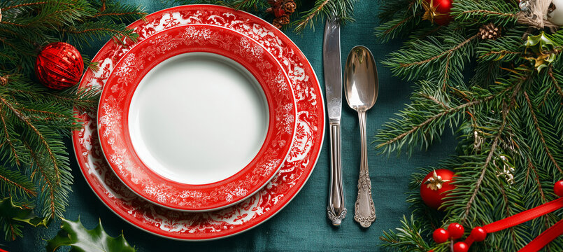 Christmas Banner Dinner Table Setting Frame With Empty Plate, Cutlery, Christmas Toys And Fir Tree. Winter Holidays Background