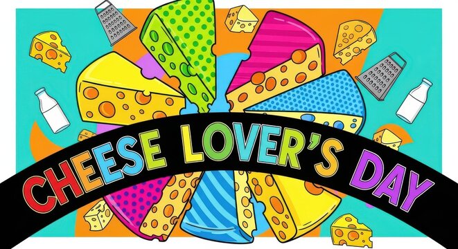 Colorful illustration celebrating cheese lovers day with various cheese types and grater