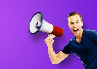 Funny very happy expressive man, excited sportsman sport coach in sportswear t-shirt advertise use mega phone loudspeaker bullhorn, isolated violet purple background. Black Friday sale ad concept