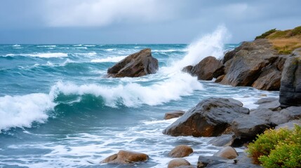 Stormy ocean waves crashing on coastal rocks