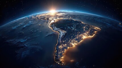 Obraz premium Earth at night showcasing lights of South America concept. A breathtaking view of South America illuminated at night.