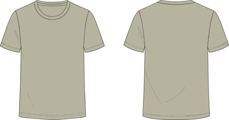 Crewneck t-shirt front and back flat sketch, short sleeve standard hem seam detail, cad drawing flat vector illustration fashion template
