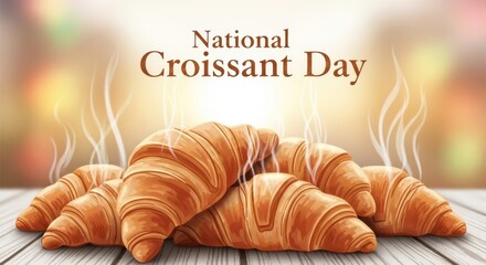 National croissant day celebration with a closeup, appetizing view of freshly baked, goldenbrown croissants piled on a rustic wooden surface, emitting steam