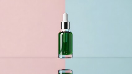 Elegant green serum bottle for skincare routine and beauty product advertising on pastel pink and blue background